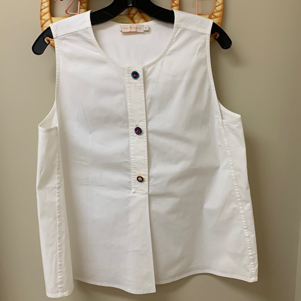 Tory Burch crisp white sleeveless tunic.  Novelty button detail.